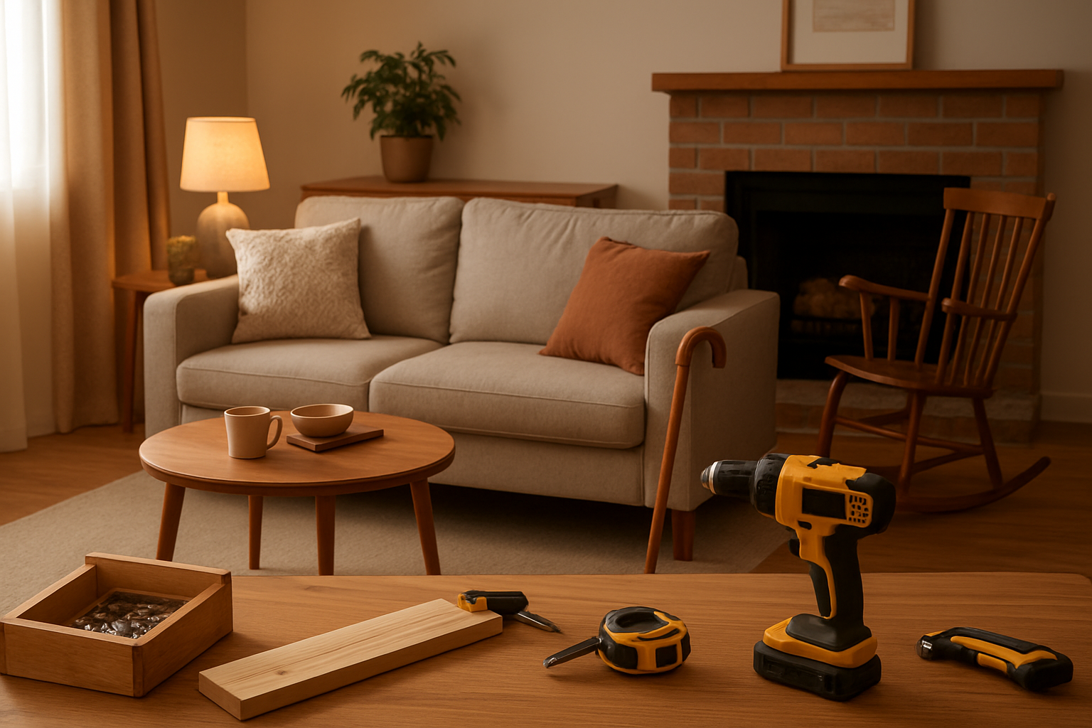 A cozy living room with a sofa, coffee table, and some tools on the table.